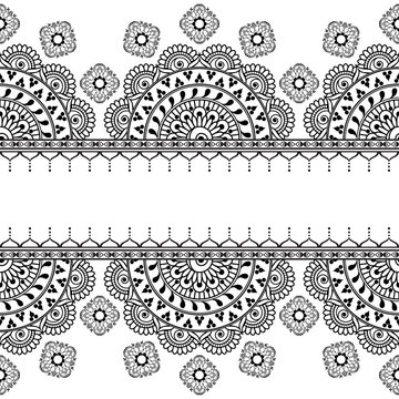 Border seamless element with flowers and laces in Indian mehndi style for card and tattoo.