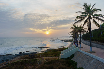 Beautiful South China Sea landscape from highway road in MuiNe, Vietnam. Sunset in the coastal seaside road. Sea Sunset View from the road.