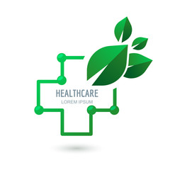 Medical center or pharmacy vector logo, icon, emblem design. Outline cross and green leaves, abstract symbol. Healthcare and medicine logo concept.
