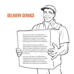 Moving Companies. Shipping. Happy loader stands with box. Vector illustration. Move house service. Transportation of things. Delivery of goods. Box. Carrier with a box isolated. Transportation package