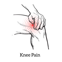 Painted knee pain. Discomfort in a joint leg. Symptoms of motor functions in humans. It is difficult to walk. Vector sketch illustration legs. Hands hold the knee in place of pain. Illustration knee