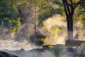 Fototapeta na wymiar The steam from the natural hot springs.