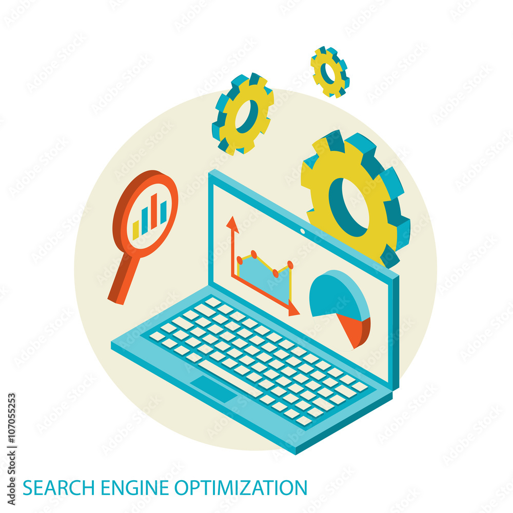 Wall mural isometric design modern illustration concept of website analytics and seo data analysis using modern