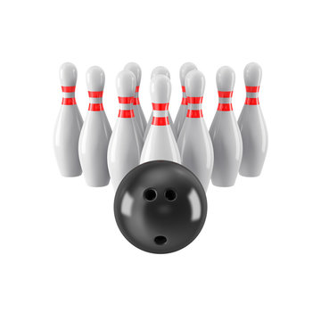 Pins With Bowling Ball On Front Side. 3d Illustration.