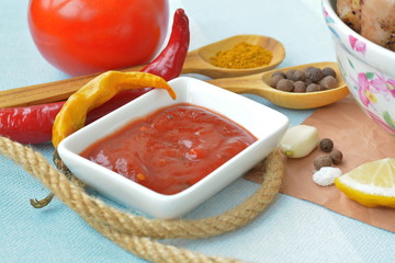 Tomato sauce, chili, spice, seasoning closeup