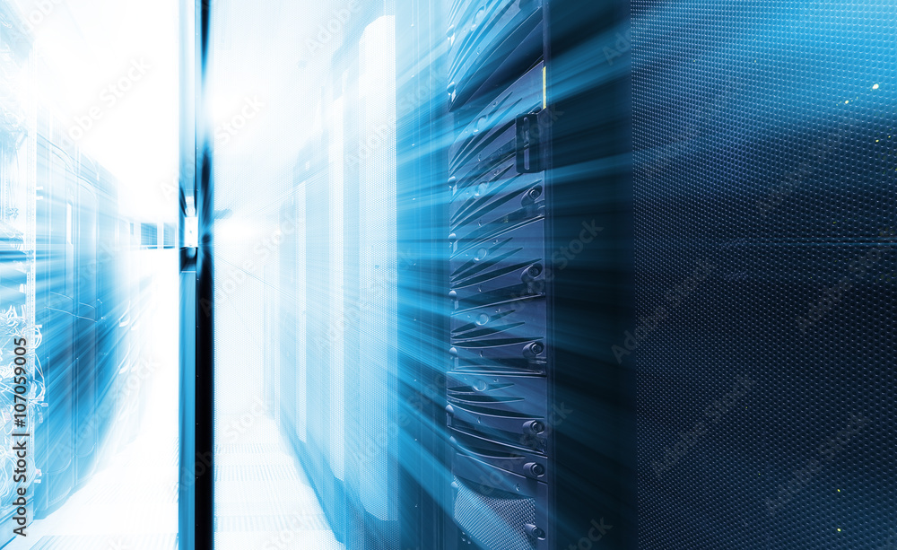 Aufkleber ranks of modern server hardware in data center with blur and motion