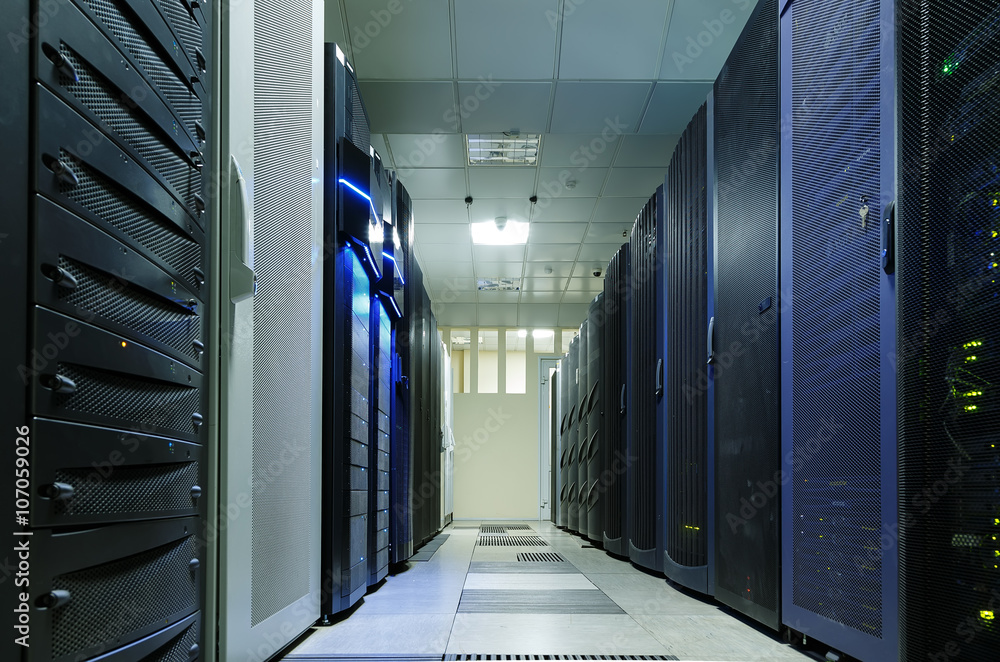 Poster modern data center with rows of different communication equipment