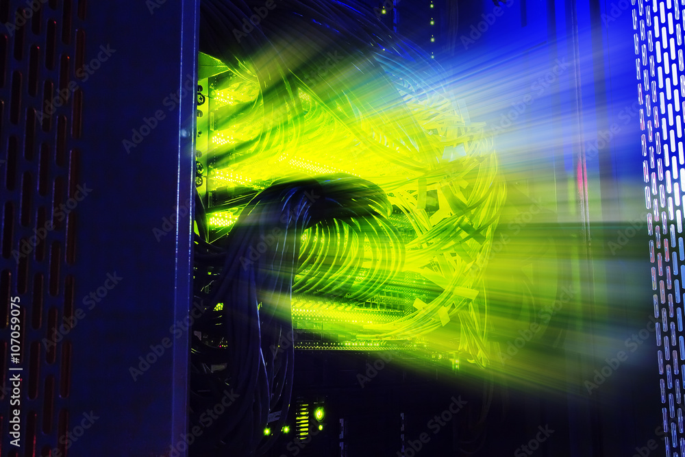 Poster glowing thread cables in the disk storage supercomputer data center