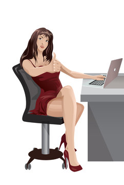 Brunette woman works at a desk.