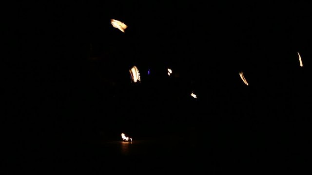 Performers are spinning torches while performing a fire show at night celebrating the international Earth hour event in Sofia.