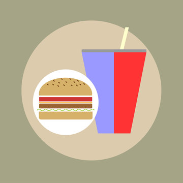 Гамбургер и прохладительный напиток. Иконка. Вектор, иллюстрация.