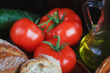 Fresh vegetable salad with tomatoes, cucumbers and onions. Serve