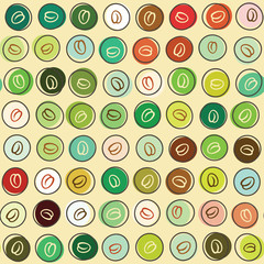 Seamless pattern polka dot with coffee beans. Vector vintage background.