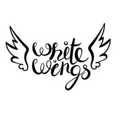 Obraz premium white wings lettering text isolated calligrapgic curly style. Inscription for prints, posters, cards, invitations. Hand drawn vector illustration, web design element, black on white