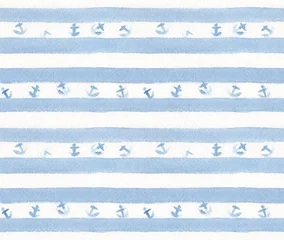 Photo sur Plexiglas Rayures horizontales Rayures bleues avec ancres sur papier blanc aquarelle. Modèle sans couture peint à la main