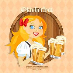 Beer poster. Girl holds beer mugs with foam. Oktoberfest - Text in German. 
