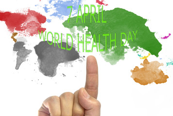 7 april World health day written World map in picture paints multicolor style on white 