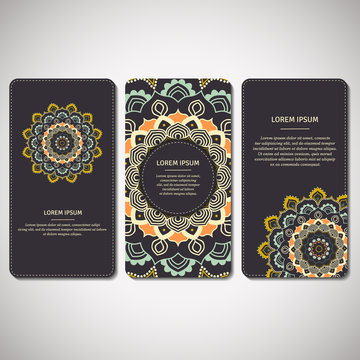 Set of ornamental cards, flyers with flower mandala in dark blue, orange, turquoise colors. Vintage decorative elements. Indian, asian, arabic, islamic, ottoman motif. Vector illustration.