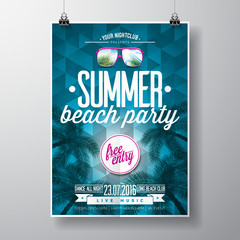 Vector Summer Beach Party Flyer Design with typographic elementson blue triangle background.
