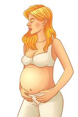 A young pregnant woman of European appearance in underwear vector illustration. A woman with a big belly is pregnant