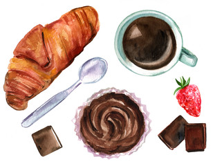 The perfect breakfast illustration with croissant, cup of coffee, some chocolate, strawberry, and cupcake