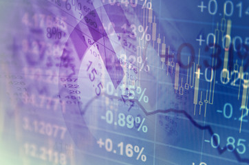 Close-up computer monitor with trading software. Multiple exposure photography.