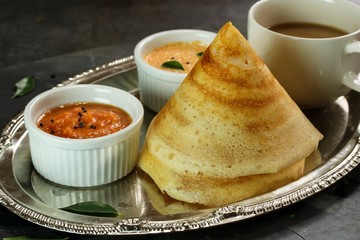 Dosa with Sambar and chutney, south Indian breakfast