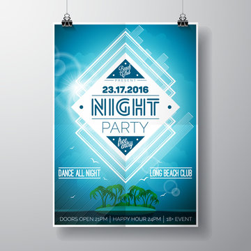 Vector Summer Beach Party Flyer Design with typographic elements and copy space on ocean landscape background.