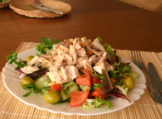 Mixed vegetable salad with chicken on a white plate