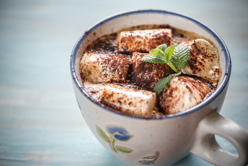 Cup of cocoa with marshmallows and cocoa powder