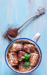 Cup of cocoa with marshmallows and cocoa powder