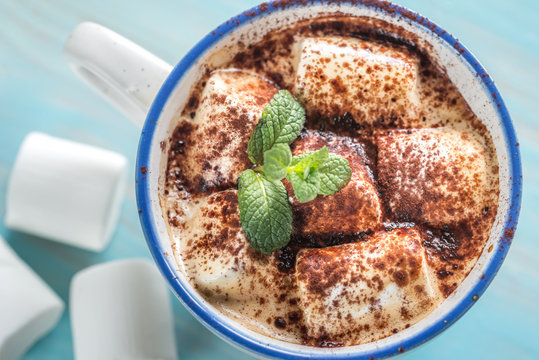 Cup of cocoa with marshmallows and cocoa powder