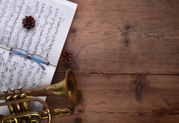 Old violin lying on the sheet of music, music concept