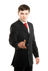 Successful businessman pressing imaginary button
