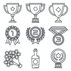 Black lineart icon set. Trophy and awards