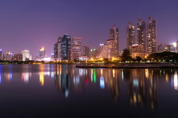 modern night cityscape in Benchakitti Park thailand