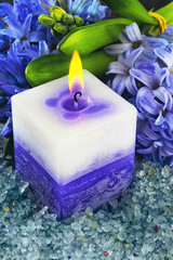 Lilac burning candle, sea salt and purple hyacinths