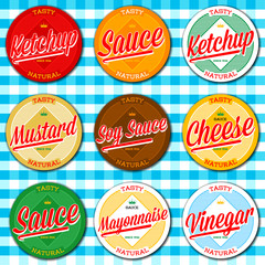 Obraz premium Set of ketchup, vinegar, mustard, soy, cheese and mayonnaise sauce labels