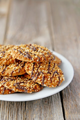 Chocolate chip cookies on a grey wooden table