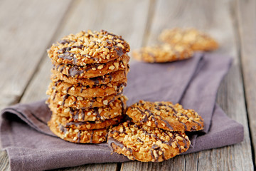 Chocolate chip cookies on a grey wooden table