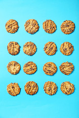 Chocolate chip cookies on a blue background
