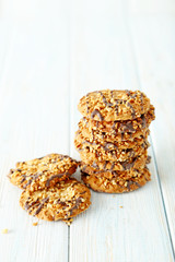 Chocolate chip cookies on a blue wooden table