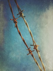 Barbed wire against blue sky