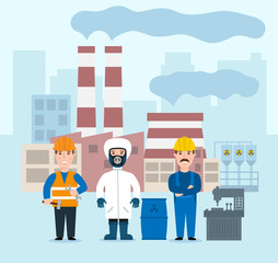 factory workers concept illustration.factory building workers in uniform with tools barrel machine tool