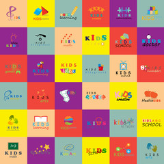 Children Icons Set-Isolated On Mosaic Background.Vector Illustration,Graphic Design.For Web,Websites,App,Print,Presentation Templates,Mobile Applications,Promotional Materials.Kids Note,Book,Logo Bulb