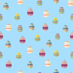Easter eggs and chicken vector seamless pattern in flat style. Easter eggs and puolt for Easter holidays design.