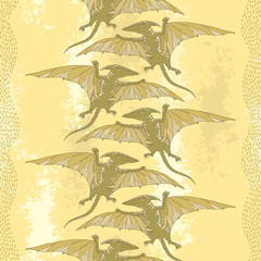 Fototapeta na wymiar Seamless pattern with Pterodactyl or wing lizard on the textured beige background. Series of prehistoric dinosaurs. Background with fossil animals and reptiles in contour style.