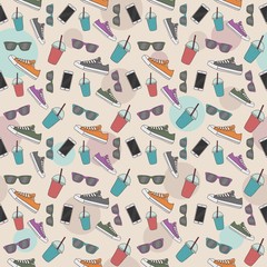 seamless pattern of the smartphone, shoes, sunglasses and smoothie