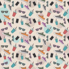 seamless pattern of the smartphone, shoes, sunglasses and smoothie