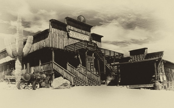 Old Wild West Cowboy Town- Faded Old Sepia Photograph Of The Old Wild West 